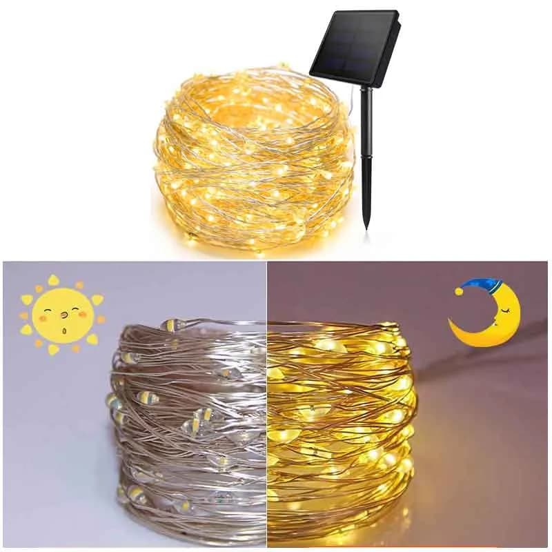 Гирлянда из медной проволоки со 100 LED, на солнечной батарее, водонепроницаемая
