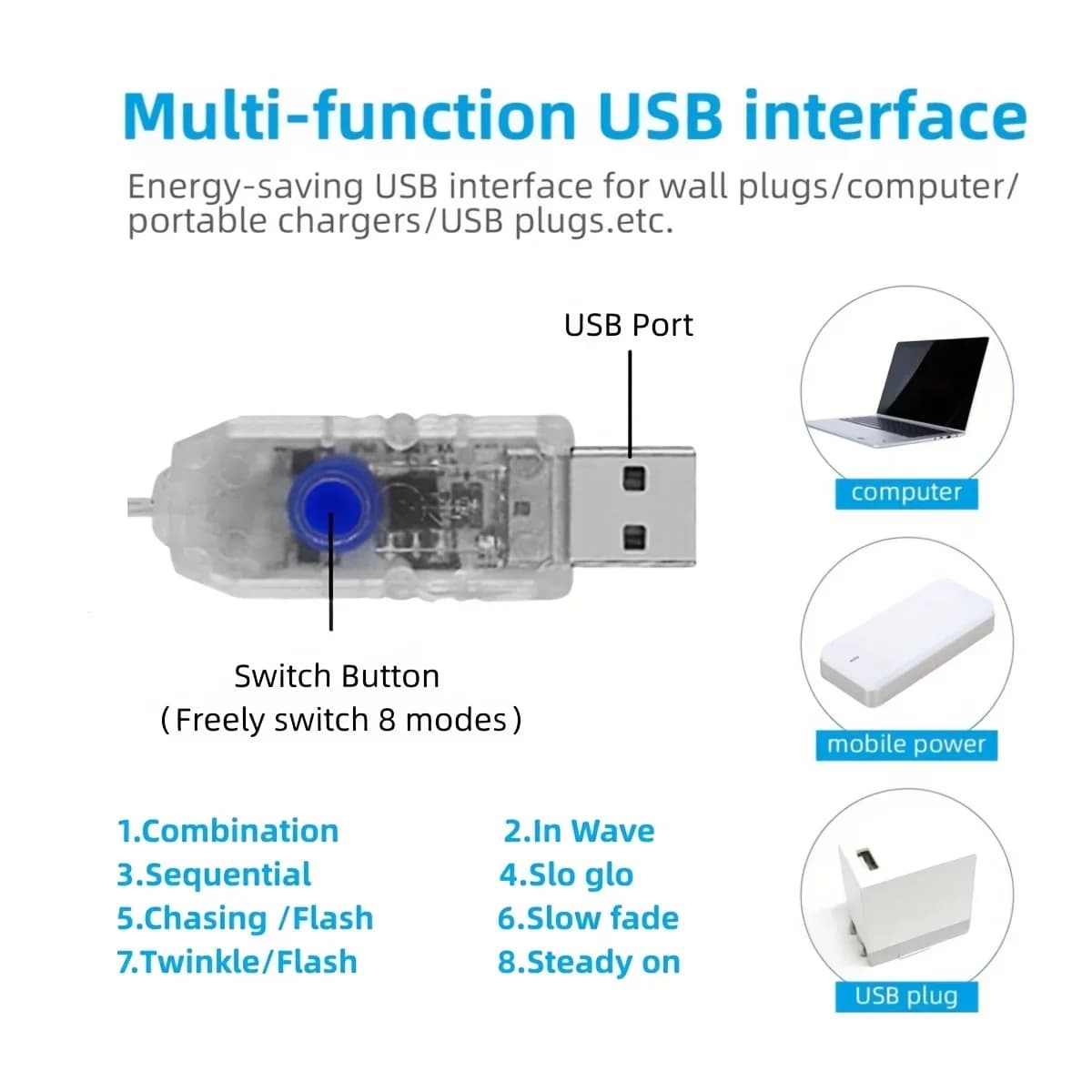 Гирлянда «Падающая вода» с USB-питанием, теплые белые и цветные LED-огни