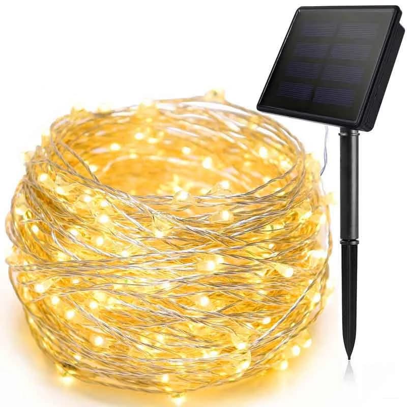 Гирлянда из медной проволоки со 100 LED, на солнечной батарее, водонепроницаемая